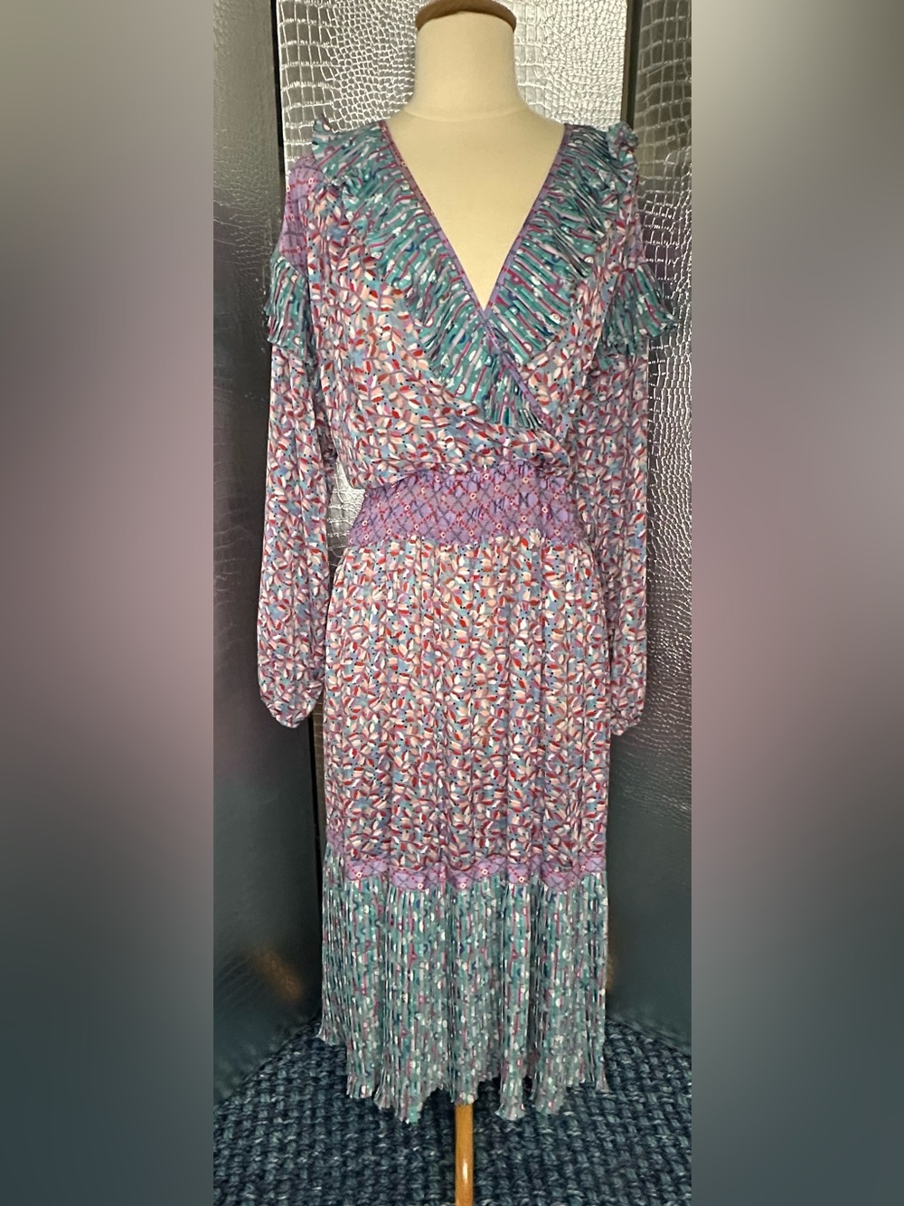 Diane Freis Vintage Purple Printed Long Sleeve Smocked-Waist Dress